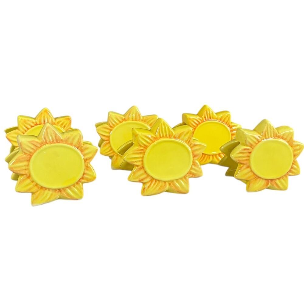 Yellow Sunflower Shaped Ceramic Napkin Ring New With Tag Set Of 6 Spring Summer